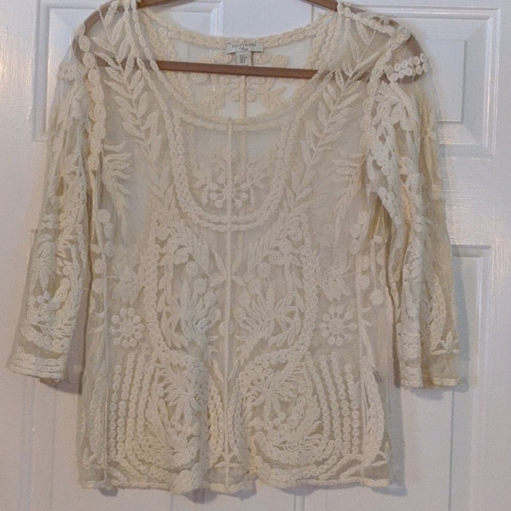𝅺SAINT Tropez West sheer top cream 3/4 sleeves shirt cover up sexy swim summer